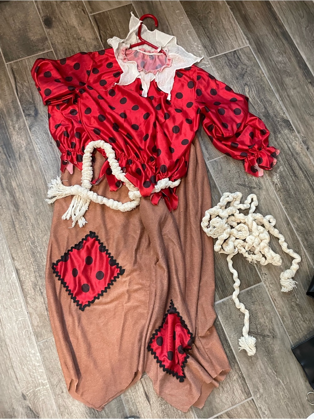 Halloween costume Red Polka Dot Kids scarecrow with Brown Patch pants hat